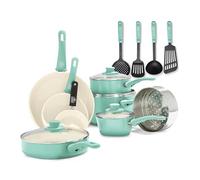 GreenLife Soft Grip Batterie de Cuisine avecRevêtement Antiadhésif Sain en Céramique Sans PFAS 16 pièces, Avec Poêles, Casseroles, Faits-touts, Marmites, Lave-vaisselle, Compatible au Four, Turquoise