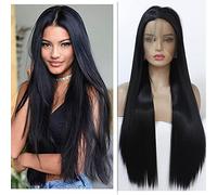 Greenmirr Black Lace front perruque longue droite 13x4 dentelle chaude 26 pouces perruque synthétique pour les femmes cosplay quotidien 150% densité Black Lace perruque
