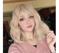 Greenmirr cheveux courts Bob blond Wave perruque avec frange résistant à la chaleur cheveux synthétiques 14 pouces Halloween cosplay Party costume (blond mixte)