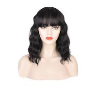 Greenmirr Perruque courte ondulée noire avec franges pour femme - Pour le quotidien - Cosplay - 35,5 cm