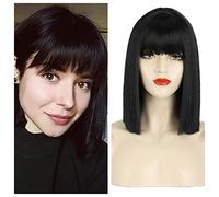 Greenmirr Short Perruque noire BOB Wavy Wigs avec Bangs Cheveux Synthétiques Résistants À La Chaleur 12in (Solid Black)