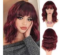Greenmirr Short Rouge BOB Wavy Wigs avec Bangs Cheveux Synthétiques Résistants À La Chaleur 14in (Red)