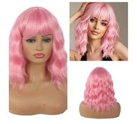 Greenmirr Wavy Perruque courte rose clair avec frange, résistante à la chaleur, 35,5 cm, rose bonbon en coton