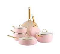 GreenPan Batterie de cuisine de rechange en céramique anodisée saine antiadhésive 10 pièces comprenant cocotte, sauteuse et ragoût, poignée dorée, induction sans PFAS, passe au four, rose pâle