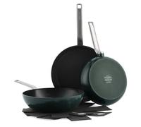 GreenPan Evolution 3 pièces poêles et woks antiadhésifs en céramique saine anodisée dure, sans PFAS, induction, lavable au lave-vaisselle, va au four, vert sapin