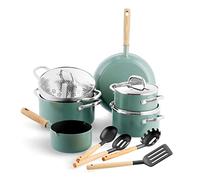 GreenPan Mayflower Batterie de Cuisine Antiadhésive 13 Pièces en Céramique Saine,Comprend Poêles à frire Casseroles Marmites Couvercles Passoire,Manche en Bois Vintage,Sans PFAS,Induction,Bleu Fumé