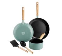 GreenPan Mayflower Batterie de Cuisine Antiadhésive 5 Pièces en Céramique Saine, Comprend Poêles à frire Casseroles et Ustensiles en Nylon, Manche en Bois Vintage, Sans PFAS, Induction, Bleu Fumé