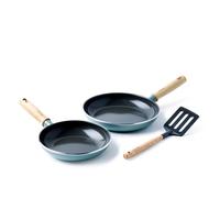 GreenPan Mayflower Poêle à Frire Antiadhésive en Céramique Saine 3 Pièces 20 cm & 24 cm et Spatule Fendue, Poignée en Bois Vintage, Sans PFAS, Induction, Smoky Blue