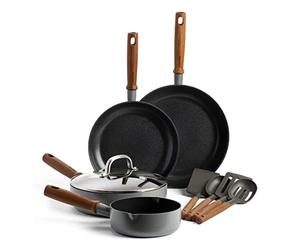 GreenPan Mayflower Pro Batterie de Cuisine Antiadhésive en Céramique Saine Anodisée Dure,9 Pièces,avec Poêle à frire,Casserole et Ustensiles,Manche en Bois Vintage,Sans PFAS,Induction,Gris Charbon