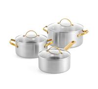 GreenPan Padova Lot de 6 ustensiles de cuisine en acier inoxydable avec couvercles en verre, casseroles et marmite à soupe, trois compartiments, compatibles induction, poignée en acier inoxydable doré