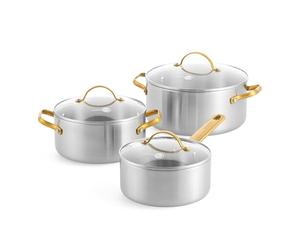 GreenPan Padova Set 6 Pièces Inox avec Couvercles Verre, Casseroles & Sauteuse, Tri-Ply, Compatible Induction, Poignée Inox Dorée, Passe au Four 220 °C, Lave-Vaisselle, Argent