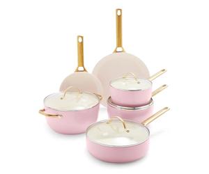 GreenPan Reserve Batterie de Cuisine Antiadhésive en Céramique Saine Anodisée Dure, 10 pièces, Avec Poêles à frire, Sauteuse et Marmite, Poignées dorées, Sans PFAS, Induction, Four, Rose Poudré