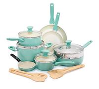 GreenPan Rio Batterie de Cuisine Antiadhésive en Céramique Saine de 16 Pièces,Comprend Poêles à Frire,Casseroles,Ustensiles,Sans PFAS,Poignée Rester Froid,Va au four jusqu'à 160°C,Turquoise & Crème