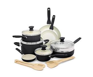 GreenPan Rio Gesundes Keramisches Antihaft-geschütztes 16-teiliges Topf- und Pfannenset mit Bratpfannen, Kochtöpfen, PFAS-frei, Stay-Cool-Griff,Backofenfest bis 160°C,Spülmaschinenfest,Schwarz & Crème