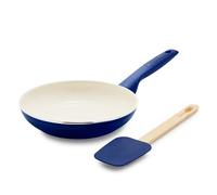 GreenPan Rio - Set de poêle et spatule de 20,3 cm - Poignée douce - Sans PFA - Passe au lave-vaisselle et au four - Bleu Oxford