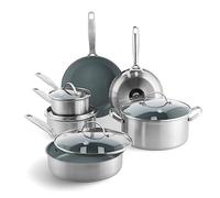 GreenPan Treviso Batterie de Cuisine en Acier Inoxydable avec Revêtement Antiadhésif en Céramique Sain, 10 pièces, Poêle à Frire, Casserole, Sans PFAS, Induction, Four, Lave-Vaisselle, Argent