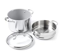 GreenPan Venice Pro Marmite multi-usages en acier inoxydable,céramique saine antiadhésive, 24 cm/8l,avec Couvercle Passoire et Panier Vapeur Amovible sans PFAS,Induction,lave-vaisselle et four,argenté