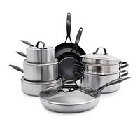 GreenPan Venice Pro Noir Batterie de cuisine 13 pièces en acier inoxydable triplé, poignée noire mate, sans PFAS, pour induction, pour lave-vaisselle, pour four, argenté