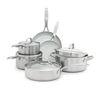 GreenPan Venice Pro Tri-Ply Acier Inoxydable Céramique Saine Antiadhésive 10 Pièces Batterie de Cuisine Poêles et Casseroles, Sans PFAS, à Induction, Va au Lave-Vaisselle, Va au Four, Argent