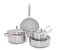 GreenPan Venice Pro Tri-Ply Acier Inoxydable Céramique Saine Antiadhésive Ensemble de Poêles et Casseroles 7 Pièces, Sans PFAS, à Induction, Lavable au Lave-Vaisselle, Va au Four, Argenté