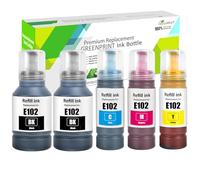 GREENPRINT 5Pack Régénéré E102 Bouteilles d'encre 7500 Pages Noir, 6000 Pages CMY pour ET-2700 ET-2750 ET-3700 ET-3750 ET-4750 ET-2751 ET-2756 ET-2850 ET-2851 ET-2856 ET-3850 ET-4850 ET-4856