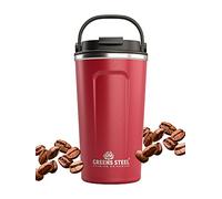Greens Steel Mug Isotherme Café Réutilisable - 480ml Rouge I Tasse Thermos à Emporter Couvercle Poignée I Acier Inoxydable Boissons Chaudes Froides I Gobelet Étanche Thé Café Boisson Glacée