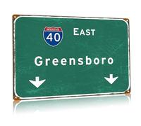 Greensboro Carolina Panneau en métal Interstate 40 East Direction Signage Airport Expressway Vintage Street Sign Poster Garage Ferme Club Décoration murale 30,5 x 40,6 cm