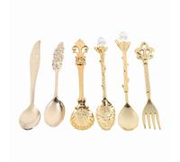 Greensen Cuillères à café et Fourchette Set, 6Pcs Vintage Style Royal Mini Motif 3D Poli Alliage de Zinc Accessoires de Cuisine Fruits Dessert pour Cadeau de Mariage Anniversaire Fête (GOLD)