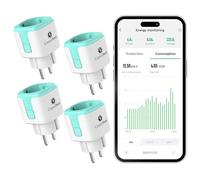 GreenSun Prise Connectée WiFi Suivi Énergie Solaire Smart Life Cyan 4pc | Compteur consommation/production solaire, minuterie, commande vocale Alexa/Google, protection surcharge, 2.4 GHz, 230V