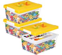 Greentainer Lot de 3 bacs de rangement empilables en plastique avec plateau amovible pour enfants avec couvercle de plaque de base, boîte de rangement pour briques de construction, jaune