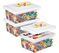 Greentainer Lot de 3 bacs de rangement empilables en plastique avec plateau amovible pour enfants avec couvercle de plaque de base, boîte de rangement pour briques de construction, blanc