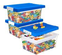 Greentainer Lot de 3 bacs de rangement empilables en plastique avec plateau amovible pour enfants avec couvercle de plaque de base, boîte de rangement pour briques de construction, bleu