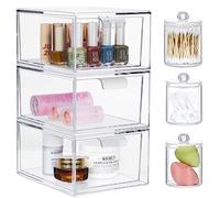 Greentainer Lot de 3 tiroirs de rangement empilables en acrylique transparent pour maquillage avec 3 supports Qtip pour lavabo, salle de bain, chambre à coucher