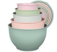 Greentainer Lot de 5 bols à mélanger en plastique avec couvercles, bols gigognes pour préparer, servir, cuisiner et pâtisserie, grand saladier pour le rangement de la cuisine, passe au lave-vaisselle