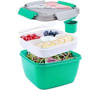 Greentainer To Go Contenants à salade 1.5L, sans BPA, compartiment pour ingrédients de salade et collations, bol à salade avec récipient à vinaigrette, cuillère intégrée, passe au micro-ondes - Vert