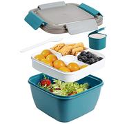 Greentainer To Go Récipient à salade de 1.5 l, sans BPA, 3 compartiments pour garnitures de salade et collations, cuillère réutilisable intégrée, passe au micro-ondes (Bleu foncé)