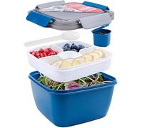 Greentainer To Go Récipient à salade sans BPA, 3 compartiments pour garnitures de salade et collations, bol à salade avec récipient à vinaigrette, passe au micro-ondes,Bleu