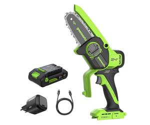 Greenworks 10cm Mini Tronconneuse a Batterie Sans Balais 24V, Scie à Chaîne Sans Fil avec Système d'Huile Automatique, Tronçonneuse Électrique avec Batterie de 2 Ah et Chargeur USB C de 30 W
