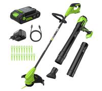 Greenworks 24V 25cm Tondeuse à Ficelle sans Fil/Épaisseur et souffleur de Feuilles Brushless 270CFM Kit combiné, Batterie de 2,0 Ah et Chargeur Inclus - CKS022