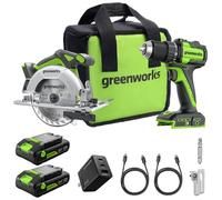 Greenworks 24V 45Nm batteries Perceuse Visseuse + Scie circulaire de 165cm, moteur sans, 4800 tr/min, (2) Batteries USB-C de 2,0 Ah (12 000 mAh) et chargeur rapide USB-C de 65 W (3 ports) CK322