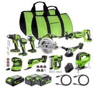 GREENWORKS 24V Kit 10 outils brushless: perceuse, visseuse à chocs, scie circ., scie sabre, scie sauteuse, ponceuse, lampe, multi-outil, cloueur, meuleuse; 2×4,0Ah + 2,0Ah (powerbank 24000mAh)