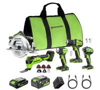 GREENWORKS 24V Kit 5 outils sans fil (perceuse-visseuse, visseuse à chocs, scie circulaire, outil multifonction, lampe), batteries 4,0Ah + 2,0Ah (powerbank 24 000mAh), chargeur rapide 65W