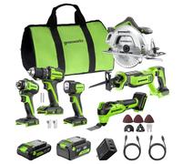 GREENWORKS 24V Kit 6 outils sans fil (perceuse-visseuse, visseuse à chocs, scie circulaire, scie sabre, outil multifonction, lampe), batteries 4,0Ah + 2,0Ah (powerbank 24 000mAh), chargeur rapide 65W