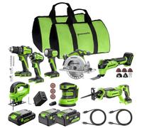 GREENWORKS 24V Kit 8 outils sans fil : perceuse-visseuse, visseuse à chocs, scie circulaire, scie sabre, scie sauteuse, multi-outil, ponceuse, lampe; batterie 4,0Ah + 2×2,0Ah; chargeur rapide 65W