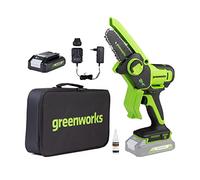 Greenworks 24V Mini Tronçonneuse 10cm Tronçonneuse à batterie sans fil alimentée par batterie de 2 Ah, vitesse de chaîne de 7,8 m/s, pour branches d'arbres, coupes de jardin, cour et usage domestique.
