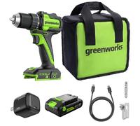 Greenworks 24V Perceuse Visseuse à percussion sans fil 45Nm, moteur sans, lumière de travail LED, embrayage 18 + 1, batterie USB-C 2.0Ah (12.000mAh), chargeur USB-C de 30W DD345