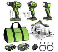 GREENWORKS 24V Set d'outils sans fil 4 pièces - Perceuse à percussion & Visseuse sans balai, Scie circulaire 6,5", Lampe LED, Batteries 4,0Ah + 2,0Ah (Powerbank 24.000 mAh), Chargeur rapide 65W