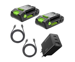 Greenworks 2x24V 2Ah Batterie High Power USB-C & Chargeur USB-C 65 W & Câble Kit,Compatible avec Tous Les Outils Greenworks 200+ de la Série 24 V, Garantie 2 Ans - K2D4DEA