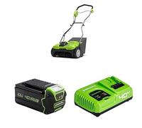 Greenworks 40V Scarificateur électriques Aérateur à Gazon sans Fil, Émousseur, 3600 TR/Min, Largeur de Travail 36 cm, Bac de Ramassage 30L G40DT35 + Batterie 40V 4Ah G40B4 + Chargeur G40UC5 40V, 5A