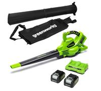 Greenworks 48(24V x 2) Aspirateur Souffleur Sans fil de Feuilles à Batterie Bandoulière, Moteur Sans Balais, 322km/h, 9m³/min,Sac Mulching 45L, 2 Batteries 24V 4Ah, Chargeur,Garantie 3 Ans GD24X2BVK4X